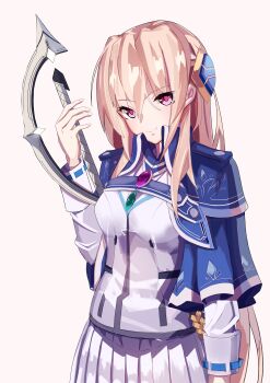 1girl absurdres arm_at_side blonde_hair blue_capelet breasts capelet closed_mouth cowboy_shot gem hair_between_eyes hair_ornament hand_up head_tilt heaven_burns_red highres holding holding_weapon jacket long_hair long_sleeves looking_at_viewer medium_breasts pink_eyes pleated_skirt purple_eyes red_eyes sakeluck school_uniform shirakawa_yuina shirt simple_background skirt smile solo standing sword very_long_hair weapon white_background white_jacket white_shirt white_skirt