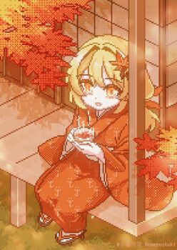 1girl aki_shizuha architecture artist_name autumn blonde_hair commentary_request cup drinking_glass east_asian_architecture from_above hair_intakes holding holding_cup japanese_clothes kimono koharustuki leaf long_hair looking_at_viewer maple_leaf maple_leaf_hair_ornament on_floor orange_kimono partial_commentary pixel_art sandals sitting solo steam tabi touhou wooden_floor zouri