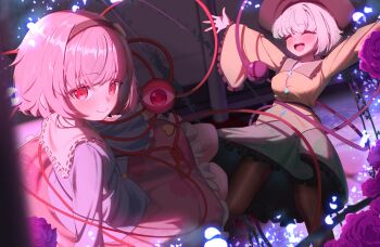 Rule 34 | 2girls, :d, \o/, absurdres, arm support, arms up, black hairband, blue shirt, blush, breasts, buttons, closed eyes, commentary request, dark, diamond button, eyeball, feet out of frame, floral print, flower, green skirt, grey hair, hair ornament, hairband, happy, heart, heart button, heart hair ornament, highres, indoors, komeiji koishi, komeiji satori, large breasts, long sleeves, looking at viewer, looking back, mayou940114, multiple girls, open mouth, outstretched arms, pantyhose, petticoat, pink eyes, pink hair, pink skirt, purple flower, purple rose, rose, shirt, short hair, siblings, sisters, sitting, skirt, smile, third eye, touhou, wide sleeves, yellow shirt