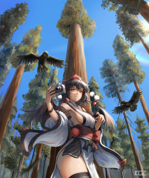 Rule 34 | 1girl, absurdres, bird, bird wings, black bird, black thighhighs, blue sky, breasts, brown hair, brown wings, camera, clear sky, commentary, crow, day, detached sleeves, edz drawz, feathered wings, forest, grin, hat, highres, holding, holding camera, japanese clothes, kimono, kourindou tengu costume, lens flare, looking at viewer, nature, no bra, no panties, obi, official alternate costume, outdoors, pelvic curtain, pom pom (clothes), red eyes, red hat, red sash, sash, shameimaru aya, side slit, sideboob, sky, smile, solo, thick thighs, thighhighs, thighs, tokin hat, touhou, tree, underwear, watermark, white kimono, wings