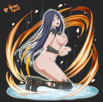 artist_name ass black_background blue_hair boots naked_boots breasts cassandra_ilion dungeon_ni_deai_wo_motomeru_no_wa_machigatteiru_darou_ka green_eyes highres kneeling large_breasts nude nude_filter open_mouth third-party_edit torn_clothes vampy_squid