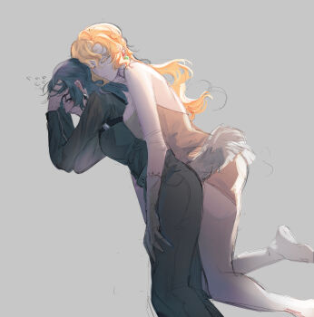 2girls black_hair black_shirt blonde_hair character_request chief_(path_to_nowhere) closed_eyes closed_mouth commentary dog_tail dress earrings eateatcookie elbow_gloves female_chief_(path_to_nowhere) flying_sweatdrops gloves grey_background grey_gloves grey_pants highres jewelry kemonomimi_mode long_hair long_sleeves multiple_girls pants pantyhose path_to_nowhere pink_dress shirt simple_background symbol-only_commentary tail white_pantyhose yuri