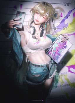 1girl absurdres artist_name black_nails black_panties blonde_hair blue_eyes blue_jacket breasts cellphone cleavage collarbone commentary denim_short earrings english_commentary hair_between_eyes hair_ornament headphones headphones_around_neck highres holding holding_phone jacket jewelry large_breasts long_hair looking_at_viewer lynae_(wuthering_waves) mole nail_polish navel necklace one_eye_closed open_fly panties parted_lips phone shorts skull_hair_ornament smartphone smile solo star_(symbol) star_earrings stomach torn_clothes torn_shorts ui_uiiiiiiiii underwear very_long_hair wuthering_waves