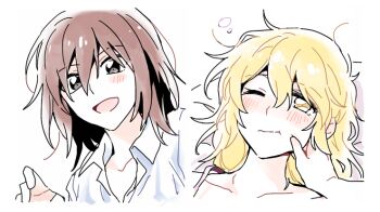 2girls :d blonde_hair blush blush_stickers brown_eyes brown_hair closed_mouth collarbone collared_shirt commentary hair_between_eyes hand_on_another's_cheek hand_on_another's_face looking_at_another lying maribel_hearn medium_hair multiple_girls no_headwear on_back on_bed open_mouth partially_unbuttoned pillow re_ghotion shirt short_hair smile touhou usami_renko white_background white_shirt yellow_eyes yuri