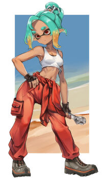 1girl adjustable_wrench arm_at_side armpits bare_arms bare_shoulders black_mask black_sports_bra border breasts closed_mouth dark-skinned_female dark_skin day fingerless_gloves full_body gloves green_hair hair_ornament hand_on_own_hip highres holding holding_wrench inkling jajanome jumpsuit legs_apart looking_to_the_side mechanic_(splatoon_raiders) multicolored_hair navel nintendo orange_hair orange_jumpsuit outdoors outside_border pointy_ears red_eyes shoes small_breasts solo splatoon_(series) splatoon_raiders sports_bra standing stomach tank_top tools white_border white_tank_top wrench