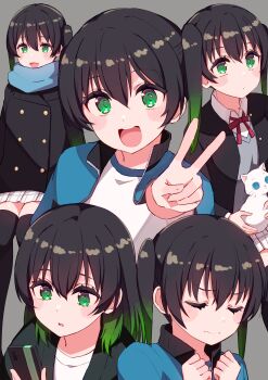 1girl absurdres black_hair black_jacket black_thighhighs blue_jacket blue_scarf blush cat cellphone closed_eyes commentary_request cream_(nipakupa) green_eyes grey_background hair_down highres jacket looking_at_viewer love_live! love_live!_nijigasaki_high_school_idol_club multicolored_hair multiple_views nijigasaki_school_uniform open_mouth phone scarf school_uniform shirt short_hair simple_background skirt solo takasaki_yu teeth thighhighs twintails two-tone_hair upper_teeth_only v white_shirt white_skirt