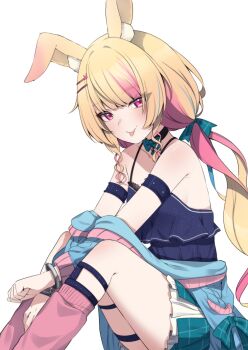 1girl animal_ear_fluff animal_ears aqua_bow aqua_bowtie aqua_ribbon aqua_skirt armlet black_camisole black_choker blonde_hair blue_jacket bow bowtie camisole choker commentary cuffs english_commentary globie hair_ornament hairclip handcuffs highres jacket jewelry kneehighs layered_skirt long_hair multicolored_hair off_shoulder pink_eyes pink_hair pink_socks rabbit_ears rabbit_girl rabbit_hair_ornament rhubarb_n._kustard ribbon skirt socks solo thigh_strap tongue tongue_out valefal_coneri virtual_youtuber white_skirt