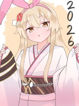 1girl 2026 20s blonde_hair blush flower hair_flower hair_ornament hair_ribbon hairband happy_new_year highres japanese_clothes kantai_collection kimono long_hair long_sleeves looking_at_viewer matu_(matu19) new_year obi open_mouth pink_kimono pink_ribbon red_flower ribbon sash shimakaze_(kancolle) standing upper_body white_background wide_sleeves yellow_eyes
