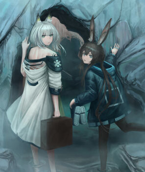 2girls absurdres amiya_(arknights) animal_ears arknights briefcase brown_hair cave green_eyes highres holding holding_briefcase holding_shoes holding_unworn_clothes jacket kal'tsit_(arknights) long_hair looking_at_viewer looking_back multiple_girls shoes short_hair twckb unworn_shoes water white_hair