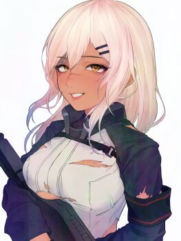 1girl absurdres armband black_armband black_jacket breasts brown_eyes commentary commission dark-skinned_female dark_skin double-parted_bangs english_commentary girls'_frontline hair_between_eyes hair_ornament hairclip highres jacket long_hair looking_at_viewer m590_(girls'_frontline) medium_breasts mossberg_590 nose okubatomaeba parallel_hairclips shirt simple_background smile solo torn_clothes torn_shirt upper_body white_background white_hair white_shirt