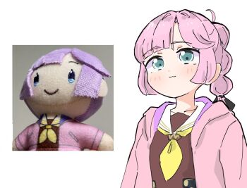 Rule 34 | 1girl, :3, ahoge, anyoji hime, black ribbon, blonde hair, blue eyes, blush, brown dress, closed mouth, collarbone, commentary request, dress, hair ribbon, hasu no sora school uniform, hood, hooded jacket, jacket, link! like! love live!, long sleeves, love live!, meme, multi-tied hair, neckerchief, open clothes, open jacket, photo inset, pink hair, pink jacket, reference inset, ribbon, sailor collar, sailor dress, school uniform, sega lucky lottery mascot doll, sidelocks, simple background, smile, solo, tazaki masanobu, upper body, upward angle frieren drawing (meme), virtual youtuber, white background, white sailor collar, winter uniform, yellow neckerchief