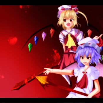2girls blonde_hair blood blue_hair dress flandre_scarlet hat highres holding holding_sword holding_weapon multiple_girls open_mouth red_background red_dress remilia_scarlet short_hair simple_background sword teeth touhou weapon white_dress white_hat zoirun