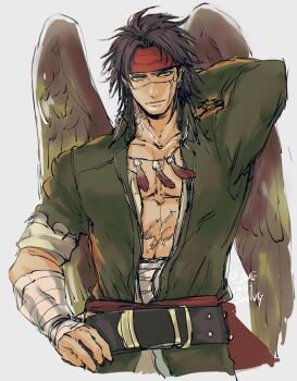 1boy bandaged_arm bandaged_stomach bandages belt bilingual_commentary bird_wings black_belt black_hair brown_wings commentary_request cropped_legs feathered_wings fire_emblem fire_emblem:_path_of_radiance green_jacket hand_on_own_hip headband highres jacket jewelry long_hair long_sleeves looking_at_viewer male_focus mixed-language_commentary necklace nintendo parted_hair red_headband scar scar_on_face simple_background solo tibarn_(fire_emblem) torn_sleeve umi_(oneinchswing) white_background wings