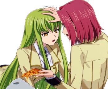 2girls aoki_shizumi blue_eyes c.c. code_geass food green_hair hand_on_another's_head highres holding holding_food holding_pizza kouzuki_kallen multiple_girls orange_eyes pizza red_hair upper_body white_background yuri