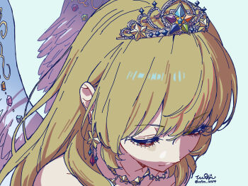 Rule 34 | 1girl, absurdres, aikatsu!, aikatsu! (series), bare shoulders, blonde hair, blue background, blue gem, blue wings, chandelier earrings, closed mouth, collarbone, commentary, diamond-shaped earrings, diamond (gemstone), double-parted bangs, earrings, feathered wings, from above, gem, gradient wings, green gem, hair between eyes, half-closed eyes, highres, hoshimiya ichigo, jewelry, light smile, long hair, looking down, multicolored wings, necklace, official alternate costume, orange gem, pink gem, portrait, purple gem, red eyes, red gemstone, sidelocks, signature, silver tiara, simple background, solo, star-shaped gem, star (symbol), star earrings, star necklace, symbol-only commentary, tiara, twitter username, two-tone wings, white wings, wings, yamaguchi haruka (tenpiboshi), yellow gem
