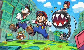 4boys baby baby_luigi baby_mario blue_overalls brown_hair brown_shoes buttons chain_chomp closed_eyes cloud creature crying crying_with_eyes_open full_body gloves goomba hat highres luigi mario mario_&amp;_luigi:_partners_in_time mario_&amp;_luigi_rpg mario_(series) monster multiple_boys nintendo outdoors overalls red_hat running shoes short_hair socks striped_clothes striped_socks tears white_gloves yamari_(ya_mari_6363)