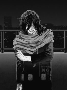 1boy aizawa_shota blood blood_on_face blood_on_hands boku_no_hero_academia city greyscale hair_between_eyes holding_own_arm injury jibun0624 looking_at_viewer male_focus messy_hair monochrome open_mouth outdoors scarf signature solo teeth