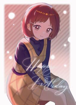 Rule 34 | 1girl, bang dream!, bang dream! girls band party!, between legs, blue shirt, brown background, brown eyes, brown hair, chisakaoislove, commentary request, diagonal-striped background, dress, hair ornament, hairclip, hand between legs, happy birthday, hazawa tsugumi, highres, korean commentary, light smile, lightning bolt-shaped pupils, long sleeves, looking at viewer, overall skirt, shirt, short hair, solo, striped background, symbol-shaped pupils, yellow dress