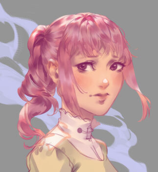 1girl black_eyes blush choppy_bangs closed_mouth commentary dress english_commentary frown green_dress grey_background looking_at_viewer lydialing_draws nose original pink_hair portrait realistic short_hair short_twintails sketch solo twintails