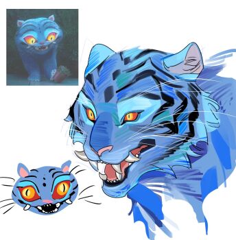 animal blue_fur colored_sclera commentary_request derpy_(kpop_demon_hunters) fangs highres karmaho korean_commentary kpop_demon_hunters no_humans plant potted_plant red_sclera screenshot_inset smile tiger yellow_eyes