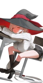 1girl absurdres against_table arm_rest black_hat black_shoes black_skirt black_socks blue_archive braid breasts button_gap buttons chair closed_eyes closed_mouth commentary crossed_bangs dutch_angle eri_(blue_archive) hair_between_eyes hair_bobbles hair_ornament hanging_breasts hat hat_ribbon head_rest highres kneehighs large_breasts leaning_on_table legs long_hair long_sleeves low-tied_long_hair multicolored_hair no_halo no_jacket on_chair pleated_skirt red_ribbon red_streaks ribbon shirt shirt_tucked_in shoes simple_background single_braid sitting skirt sleeping socks solo streaked_hair symbol-only_commentary table tagua thighs two-sided_fabric two-sided_headwear white_background white_hair white_shirt witch_hat