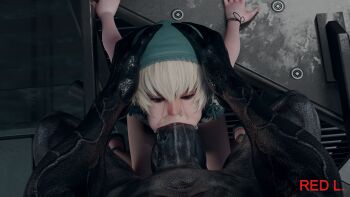 1girl 3d artist_name blue_eyes colored_skin deepthroat fellatio grey_skin hands_on_another&#039;s_head headdress highres loli monster nier nier_(series) oral outlast realistic red_l sitting snot tearing_up tears walrider white_hair yonah