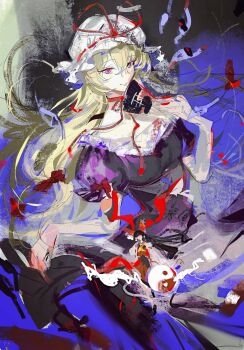 1girl blonde_hair choker closed_mouth dress elbow_gloves fan_to_mouth frills gap_(touhou) gloves gu_yue_yuan hair_between_eyes hand_fan hat highres holding holding_fan long_hair mob_cap orb purple_dress purple_eyes ribbon_choker short_sleeves smile solo touhou white_gloves yakumo_yukari yin_yang yin_yang_orb