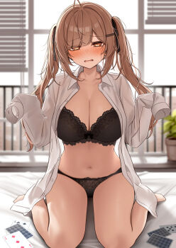 1girl black_bra black_panties black_ribbon blurry blurry_background blush bra breasts brown_eyes brown_hair card cleavage collared_shirt commentary_request hair_ribbon hands_up highres imouto-chan_(monaka_curl) indoors large_breasts long_hair looking_at_viewer monaka_curl no_pants on_bed open_clothes open_shirt original panties playing_card revision ribbon shirt sitting sleeves_past_fingers sleeves_past_wrists solo thighs twintails underwear wariza white_shirt yellow_eyes
