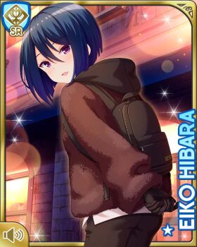 1girl black_pants blue_hair brown_coat card character_name coat girlfriend_(kari) hibara_eiko night official_art open_mouth outdoors pants purple_eyes qp:flapper shirt short_hair smile solo standing sweden white_shirt