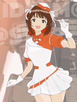 1girl absurdres amami_haruka brown_hair character_name cobwvmeti cowboy_shot dress garrison_cap gloves green_eyes hair_ribbon hat highres idolmaster idolmaster_(classic) looking_at_viewer mecha mecha_request open_mouth orange_dress orange_hat ribbon robot short_hair short_sleeves smile solo standing two-tone_dress two-tone_headwear voy@ger_(idolmaster) white_dress white_gloves white_hat white_ribbon