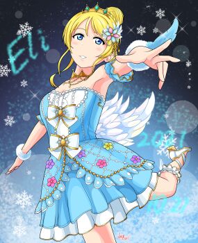 1girl absurdres alternate_hairstyle aqua_dress aqua_feathers aqua_ribbon aqua_scrunchie aqua_shoes aqua_skirt arm_garter artist_name artist_request ayase_eli ballerina bare_legs bare_shoulders blonde_hair blue_eyes blue_sky blush bow bracelet braid breasts center_frills choker cleavage cloud collarbone crown_braid dress dress_bow feather_hair_ornament feathers female_focus flower frilled_dress frilled_skirt frilled_thigh_strap frills hair_between_eyes hair_bun hair_ornament high_heels highres jewelry long_hair looking_at_viewer love_live! love_live!_school_idol_festival love_live!_school_idol_festival_all_stars love_live!_school_idol_project miniskirt necklace night night_sky outdoors parted_lips pearl_necklace pink_flower plaid_clothes plaid_dress plaid_skirt pleated pleated_dress pleated_skirt puffy_short_sleeves puffy_sleeves purple_flower ribbon ribbon-trimmed_legwear ribbon_trim scrunchie shoes short_hair short_sleeves single_hair_bun skirt sky sleeveless sleeveless_dress smile snow snowflakes snowing solo sparkle_hair_ornament star_(symbol) thigh_strap tiara true_arabesque_(love_live!) white_bow white_feathers white_ribbon white_scrunchie white_shoes white_skirt white_wings wings wrist_scrunchie yellow_flower