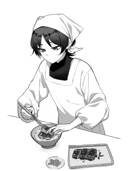 1boy alternate_costume alternate_headwear apron bishounen bowl buku2_suisou chopsticks closed_mouth dot_mouth fish_(food) food genshin_impact greyscale half-closed_eyes highres holding holding_chopsticks holding_food holding_with_chopsticks kappougi kerchief leaning_forward long_sleeves looking_at_object looking_down male_focus monochrome puffy_long_sleeves puffy_sleeves rice saucer scaramouche_(genshin_impact) short_hair simple_background solo standing table three-quarter_sleeves tray upper_body wanderer_(genshin_impact) white_background wolf_cut