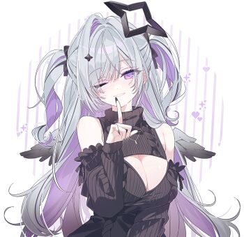 1girl :3 amane_konata black_halo black_nails black_ribbon black_sweater black_wings breasts cleavage colored_inner_hair commentary detached_sleeves feathered_wings finger_to_mouth gold_necklace grey_hair grin hair_intakes hair_ornament hair_ribbon halo hand_up heart hololive jewelry large_breasts long_hair long_sleeves mini_wings multicolored_hair necklace one_eye_closed open-chest_sweater purple_eyes purple_hair ribbon sleeveless sleeveless_turtleneck smile solo sparkle star_(symbol) star_hair_ornament star_halo stemiomio sweater symbol-only_commentary turtleneck turtleneck_sweater two_side_up white_background wings