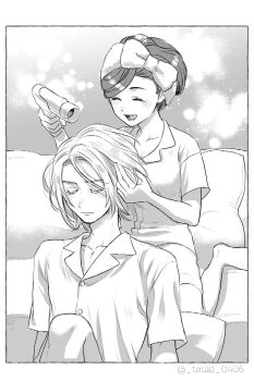 1boy 1girl breasts closed_eyes commentary_request contemporary drying drying_another&#039;s_hair drying_hair ferdinand_(honzuki_no_gekokujou) hair_dryer highres hitsuki_(hiidukii) holding holding_hair_dryer honzuki_no_gekokujou medium_breasts myne_(honzuki_no_gekokujou) open_mouth shorts sitting smile towel towel_on_head wariza