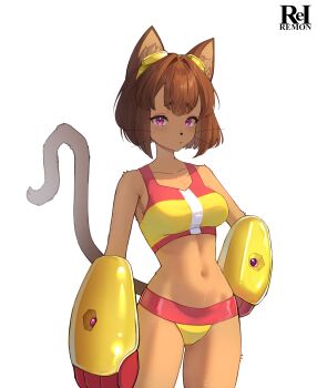 1girl absurdres animal_ears artist_name bikini body_fur breasts brown_fur brown_hair cat_ears cat_girl collarbone commentary furry furry_female gameoverse goggles goggles_on_head highres kit_bodega looking_at_viewer medium_breasts multicolored_bikini navel purple_eyes red_bikini rei_remon short_hair simple_background solo standing swimsuit two-tone_bikini whiskers white_background yellow_bikini