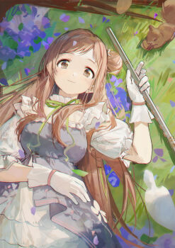 Rule 34 | 1girl, acorn, alternate hair length (longer), bird, bright pupils, brown eyes, brown hair, commentary request, dot nose, dress, flower, flute, frilled dress, frilled sleeves, frills, from above, gloves, grass, green ribbon, grey dress, hair bun, hand up, highres, holding, holding instrument, idolmaster, idolmaster shiny colors, instrument, leaf, light blush, light smile, long hair, looking at viewer, lying, multicolored dress, on back, on ground, outdoors, pigeon, plant roots, puffy sleeves, ribbon, sakuragi mano, single side bun, solo, squirrel, straight hair, swept bangs, tareme, very long hair, white dress, white gloves, zhili xingzou