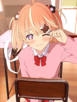 +_+ 1girl 3d :3 ahoge bag blender_(medium) blonde_hair blurry blurry_background blush bow bowtie bright_pupils cel_rendering chair classroom closed_mouth collared_shirt cowboy_shot day desk dot_nose flower food food_request hair_flower hair_ornament hand_up highres holding holding_food indoors long_sleeves looking_at_viewer medium_hair multicolored_eyes multicolored_hair one_eye_closed orange_hair pink_bag pink_eyes pink_sweater plaid_clothes plaid_skirt purple_eyes red_bow red_bowtie red_skirt rinne_(rinrinne) rinrinne rinrinne39_(artist) school_bag school_chair school_desk school_uniform shirt sitting sitting_backwards skirt smile solo split_mouth streaked_hair sweater two_side_up valentine virtual_youtuber white_pupils white_shirt wooden_floor