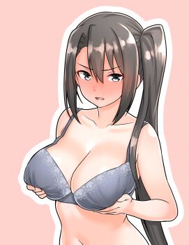 Rule 34 | 1girl, absurdres, black hair, blush, bra, breasts, collarbone, commentary request, furaggu (frag 0416), grabbing own breast, grey bra, hair between eyes, highres, kantai collection, large breasts, long hair, looking at viewer, meme, nachi (kancolle), navel, next time you're getting this (meme), open mouth, pink background, simple background, solo, stomach, tongue, underwear, underwear only, upper body