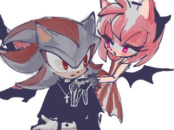 alternate_costume amy_rose black_gloves black_headband cross cross_necklace demon_horns demon_wings dress fishnets gloves headband high_heels highres horns jewelry necklace priest red_dress shadow_the_hedgehog sonic_(series) toki504 white_background wings