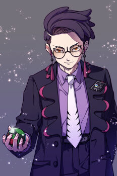 Rule 34 | 1boy, absurdres, black-framed eyewear, black coat, black hair, black pants, closed mouth, coat, collared shirt, commentary request, corbeau (pokemon), dusk ball, glasses, glint, grey background, highres, holding, holding poke ball, male focus, marichi, necktie, nintendo, open clothes, open coat, orange eyes, pants, poke ball, pokemon, pokemon legends: z-a, purple shirt, round eyewear, shirt, short hair, solo
