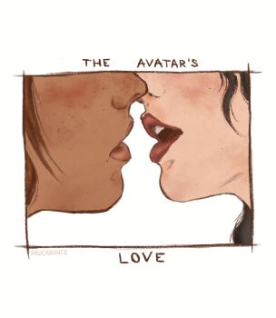 artist_name asami_sato avatar_legends black_hair blush brown_hair commentary english_commentary english_text highres imminent_kiss korra open_mouth paucaronte teeth the_legend_of_korra upper_teeth_only yuri