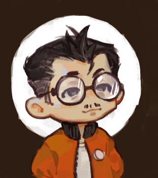 1boy :3 aegyo_sal black_eyes black_hair bomber_jacket chibi chibi_only circle commentary disco_elysium english_commentary facial_hair glasses hands_in_pockets jacket kim_kitsuragi kozmoraven1610 male_focus mustache orange_jacket shirt short_hair sideburns solo white_shirt