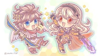 Rule 34 | 1boy, 1girl, ahoge, blue eyes, brown hair, chibi, chibi only, commentary, crossover, female corrin (fire emblem), fire emblem, fire emblem fates, headband, highres, holding, holding sword, holding weapon, kid icarus, kid icarus uprising, laurel crown, long hair, looking at viewer, nintendo, official alternate costume, open mouth, palutena bow (kid icarus), pit (kid icarus), red eyes, short hair, star (sky), super smash bros., suruga kanade, sword, twitter username, weapon, weapon request, yato (fire emblem)