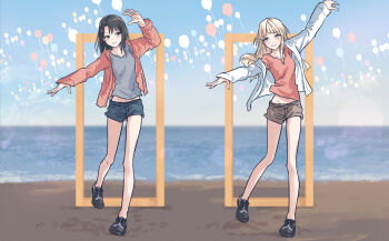 2girls balloon bang_dream! bang_dream!_girls_band_party! black_hair black_shoes blonde_hair blue_eyes brown_shorts collarbone commentary full_body grey_shirt grin hair_ornament hairclip highres jacket long_hair matching_pose medium_hair multiple_girls no_socks okusawa_misaki open_clothes open_jacket outstretched_arms parallel_hairclips pink_jacket pink_shirt shirt shoes shorts sidelocks smile spread_arms t-shirt tsurumaki_kokoro white_jacket yellow_eyes yukitake_(bullfalk)