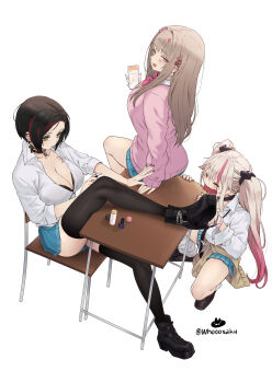 3girls absurdres back black_boots black_bra black_thighhighs blue_skirt boots bra bra_peek breasts brown_hair brown_sweater cleavage clothes_around_waist commentary_request crow_(nikke) goddess_of_victory:_nikke green_eyes grey_hair highres horns jackal_(nikke) large_breasts leg_up long_hair miniskirt multicolored_hair multiple_girls pink_eyes pink_hair pink_horns pink_sweater red_hair shirt short_hair simple_background skirt sweater sweater_around_waist thighhighs thighs twintails two-tone_hair underwear very_long_hair viper_(nikke) white_background white_shirt whoosaku