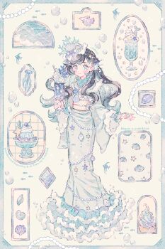 1girl artist_name bead_necklace beads black_hair blue_eyes blush border bubble charm_(object) closed_mouth commentary_request conch coral_hair_ornament cup dessert fins fish food full_body gelatin green_kimono hair_ornament head_fins holding holding_cup ice_cream ice_cream_cone ice_cream_float japanese_clothes jellyfish jewelry kimono long_hair long_sleeves looking_at_viewer necklace obi obijime original parfait picture_frame ryokuno_green sash seashell shell shell_hair_ornament smile solo standing star_(symbol) watermark wavy_hair whipped_cream window