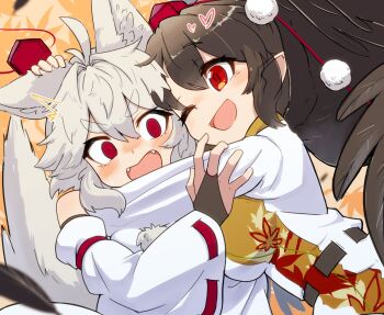 2girls ^^^ ahoge animal_ear_fluff animal_ears belt bird_girl bird_wings black_belt black_gauntlets black_hair blush bridal_gauntlets commentary_request detached_sleeves double-parted_bangs dutch_angle fangs hair_between_eyes hat headpat heart hug inubashiri_momiji leaf leaf_background leaf_print maple_leaf maple_leaf_print medium_hair messy_hair multiple_girls nose_blush one_eye_closed open_mouth orange_background pointy_ears pom_pom_(clothes) pushing_away red_eyes red_hat red_ribbon ribbon ribbon-trimmed_sleeves ribbon_trim shameimaru_aya shirt single_vertical_stripe smile surprise_hug surprised tail tokin_hat touhou uisu_(noguchipint) unworn_hat unworn_headwear upper_body v-shaped_eyebrows white_shirt wide_sleeves wings wolf_ears wolf_girl wolf_tail