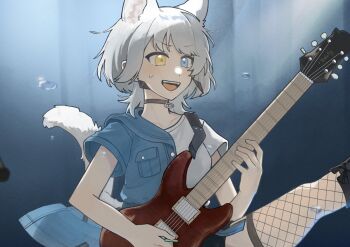1girl animal_ears bang_dream! bang_dream!_it&#039;s_mygo!!!!! black_choker black_shorts blue_eyes cat_ears cat_girl cat_tail choker commentary crescent earrings electric_guitar fishnet_thighhighs fishnets guitar guitar_strap heterochromia holding holding_guitar holding_instrument holding_plectrum instrument jewelry kaname_raana kemonomimi_mode medium_hair music open_mouth playing_guitar playing_instrument plectrum raana_the_cat rikuuu_0214 shirt short_sleeves shorts solo sweat symbol-only_commentary tail thighhighs white_hair white_shirt yellow_eyes