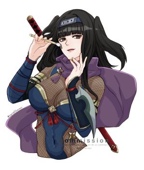 1girl black_hair blue_headband bodystocking breasts brown_eyes calligraphy_brush cleavage commission covered_navel fire_emblem fire_emblem_awakening fire_emblem_heroes headband highres holding holding_calligraphy_brush holding_paintbrush large_breasts looking_at_viewer ninja nintendo official_alternate_costume open_mouth paintbrush purple_scarf scarf sierra117renner smile solo tharja_(fire_emblem) tharja_(ninja)_(fire_emblem) upper_body