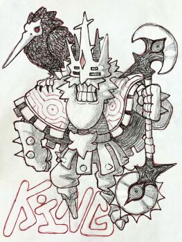 animal animal_on_shoulder axe bird bird_on_shoulder board_game character_name chess chess_piece circular_saw clenched_teeth cloak crown full_body highres holding holding_axe king king_(chess) long_beak original peg_leg saw simple_background spiked_gauntlets teeth white_background zals